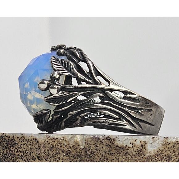 925 Sterling Silver Round Iridescent Stone & Leaf Design Ring SZ 8 - Picture 6 of 11